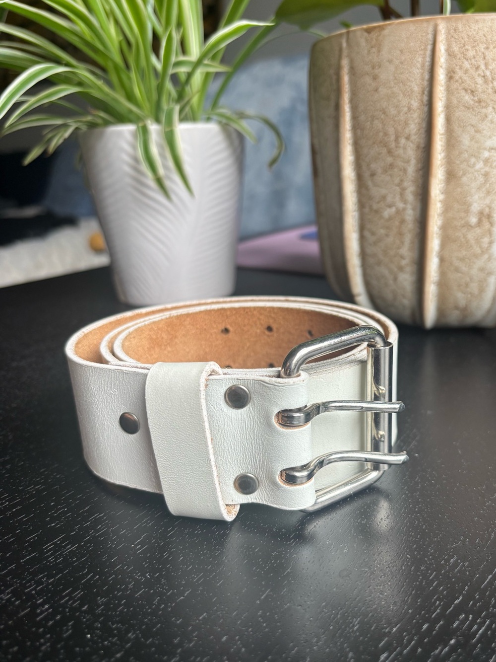 White Leather Double-Prong Belt